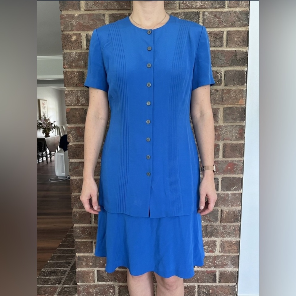 Vintage 90s Patrick Collection 100% Silk One-Piece Layered Dress Blue 14